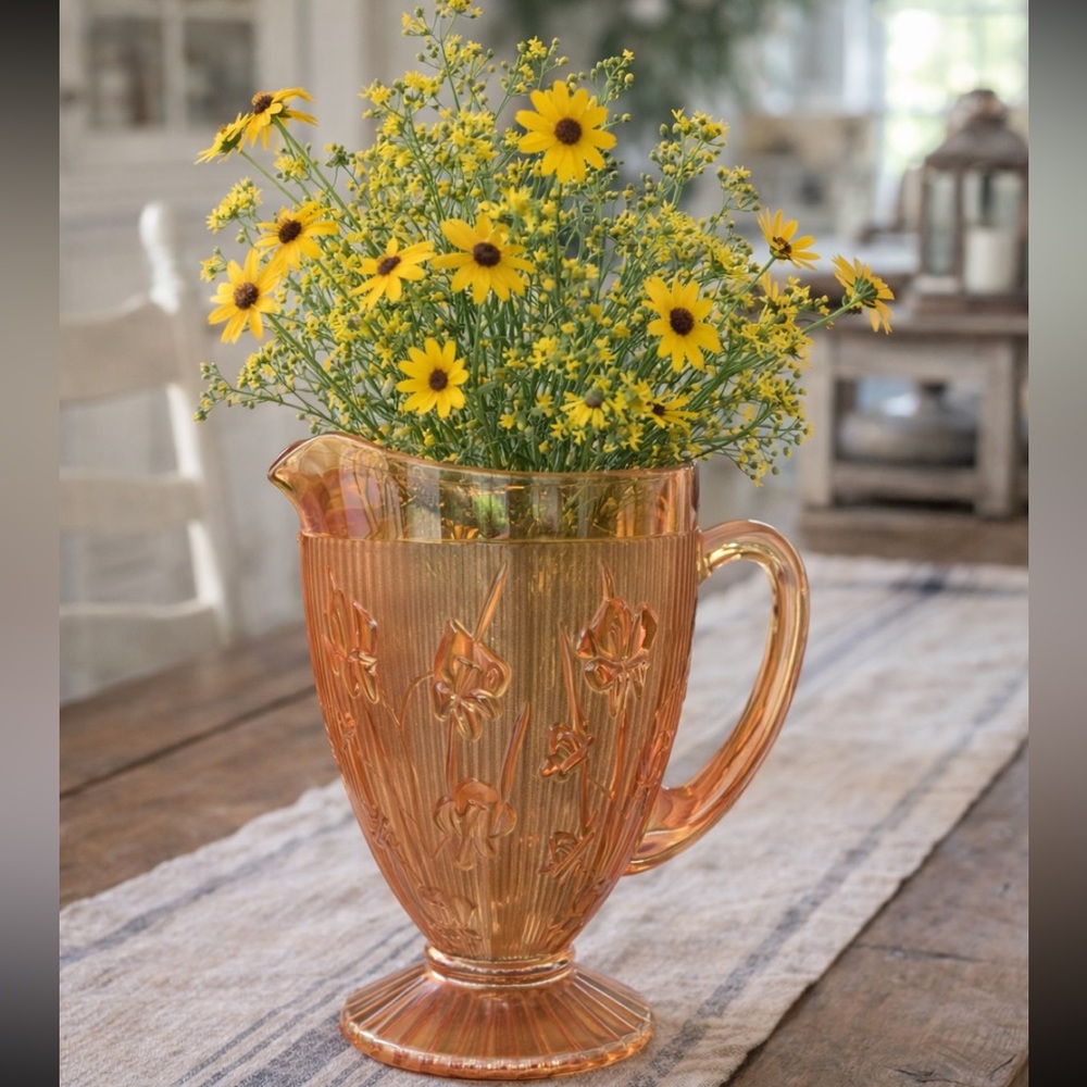 Vintage Marigold Carnival Glass Pitcher. 1930s Iris Herringbone 9” Depression